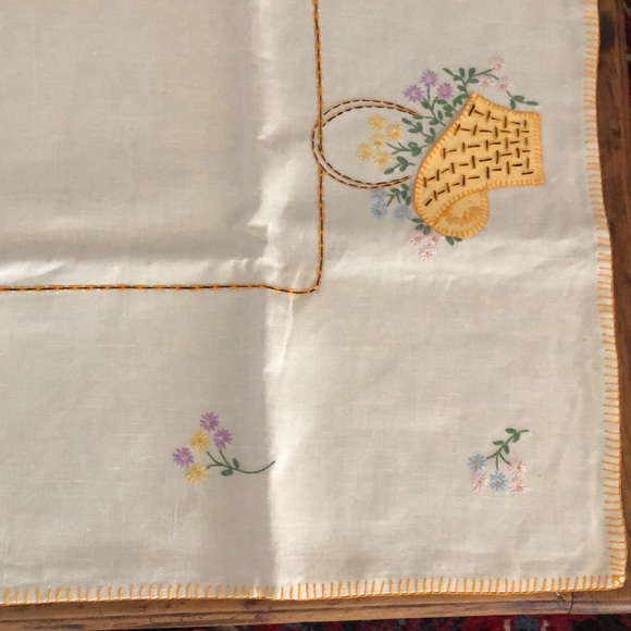 Vintage Handmade and Hand Embroidered Card Table Cloth with Flowers & Baskets - Picture 10 of 16